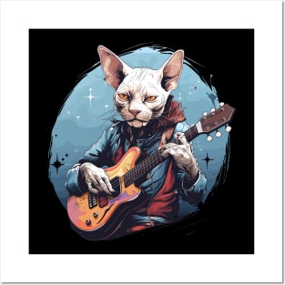Sphynx Cat Playing Guitar Posters and Art